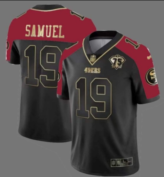 Men's San Francisco 49ers #19 Deebo Samuel Balck Red With 75th Anniversary Patch Stitched Football Jersey